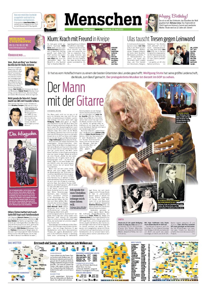 Zeitungsausschnitt Neue Presse Der Mann mit der Gitarre Wolfgang Stute